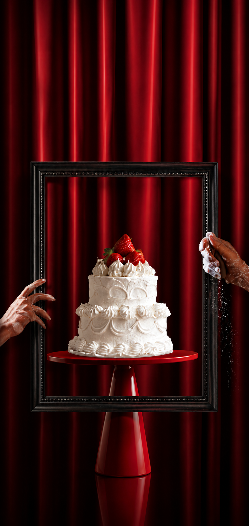 Beautiful white celebration cake framed on a red velvet stand