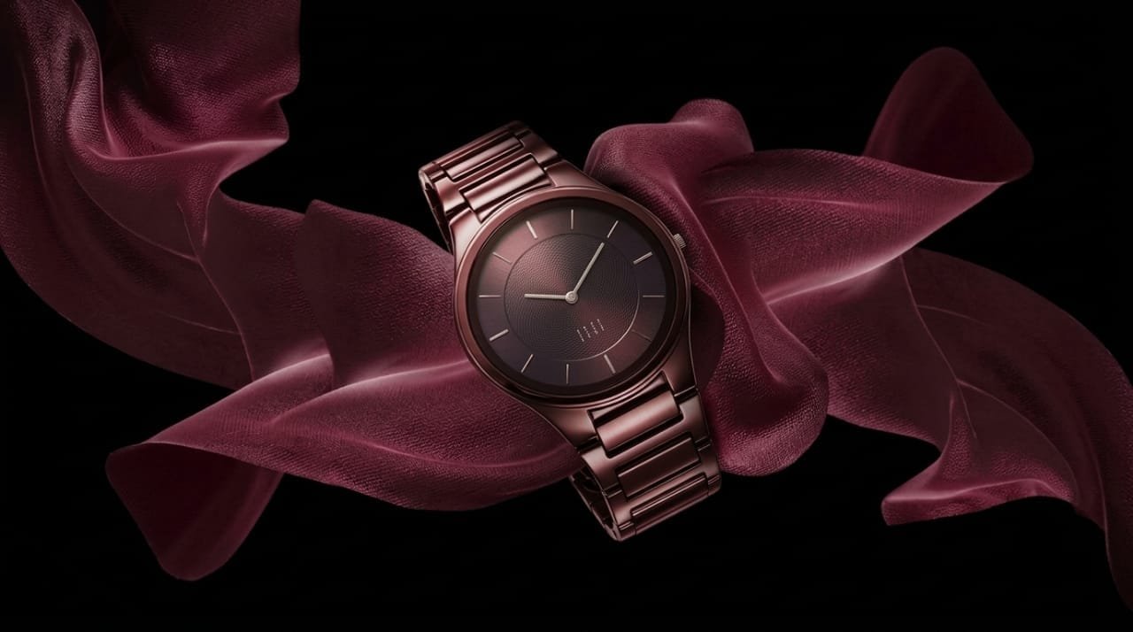 Luxury watch surrounded by rich burgundy silk backdrop