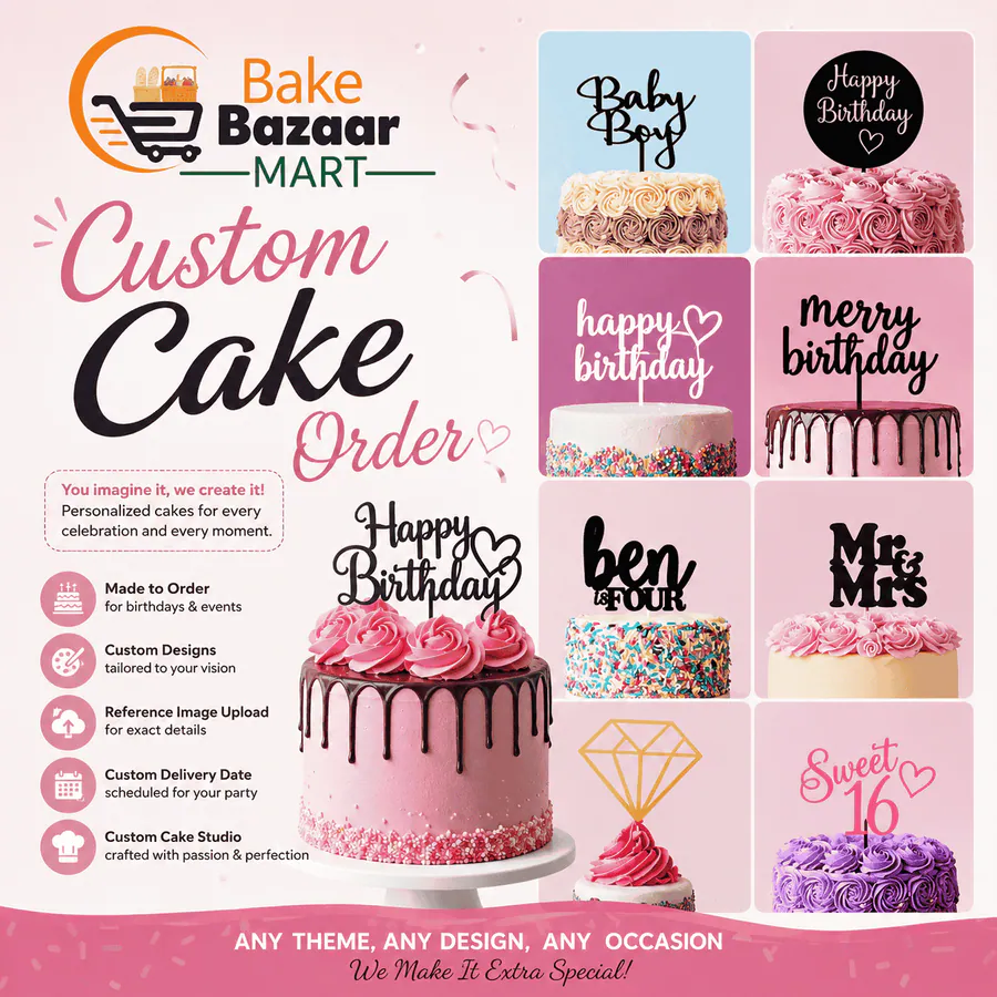 Custom celebration cake finished in frosting by Bake Bazaar Mart Karachi